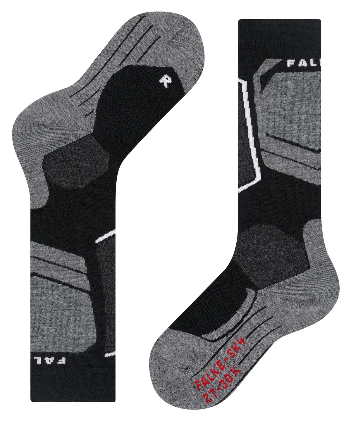 Schwarze und graue Sport-/Skisocken. Links umgeklappt, Sohle mit „R“ für rechts. Rechts aufrecht mit rotem „FALKE SK4“-Logo am Spann. Beide mit Verstärkungen an Ferse, Zehen und Schienbein (helleres Grau, weiße Linien).