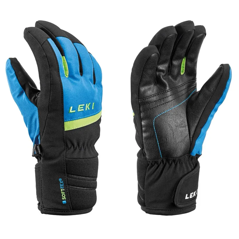 Due guanti Leki Max Junior in nero, blu e verde. Un guanto mostra il palmo, l'altro il lato superiore.