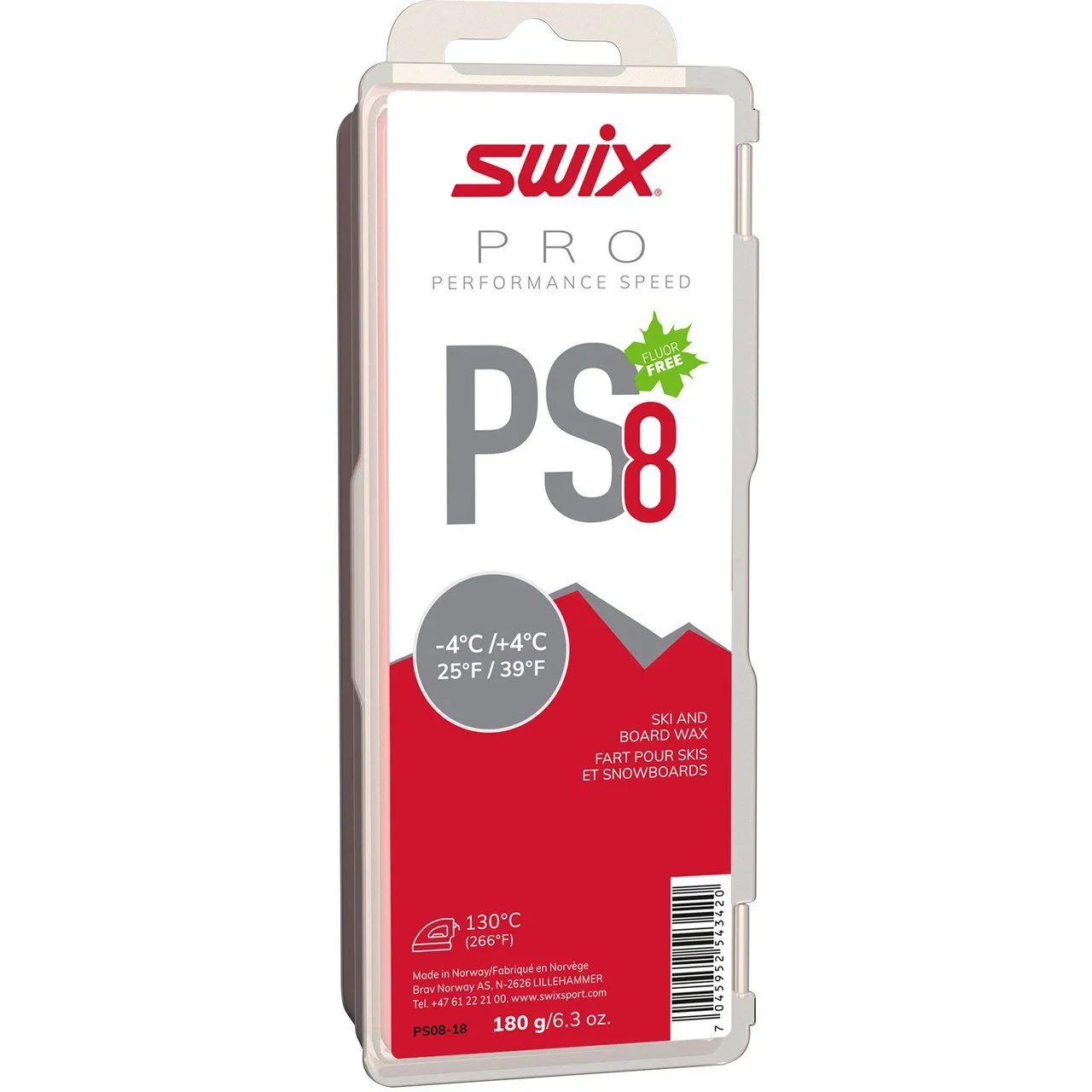 Packaging of the ski wax PS08 Red by SWIX Pro, fluorine-free, with temperature information and barcode.