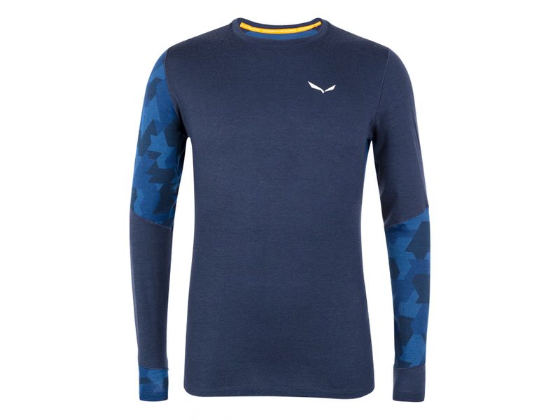 Navy Cristallo Warm Men AMR Tee mit langen Ärmeln, Rundhalsausschnitt und geometrischem Muster an den Ärmeln, Salewa Logo auf der Brust.
