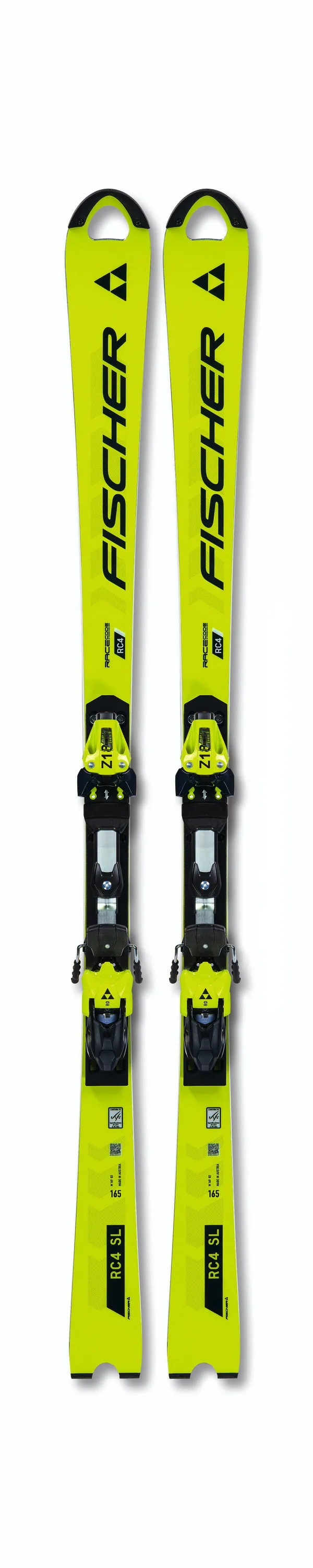 Gelbe RC4 WorldCup SL Ski mit montierter Bindung von oben, auf weißem Hintergrund.