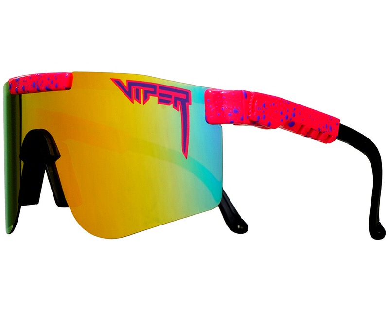 'The Radical Polarized Single Wide' Sonnenbrille, Seitenansicht. Farbverlauf auf den Gläsern, pinkfarbener Rahmen mit blauen Sprenkeln.