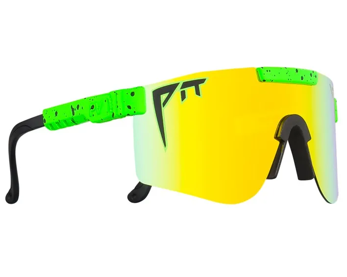 Occhiali da sole polarizzati "Boomslang Double Wide" verde neon con lenti gialle in vista laterale.
