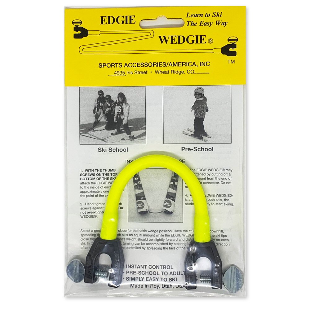 Verpackter gelber Edgie Wedgie Original, ein Skitrainer für Kinder, mit Anleitungsbildern für Skischule und Vorschule.