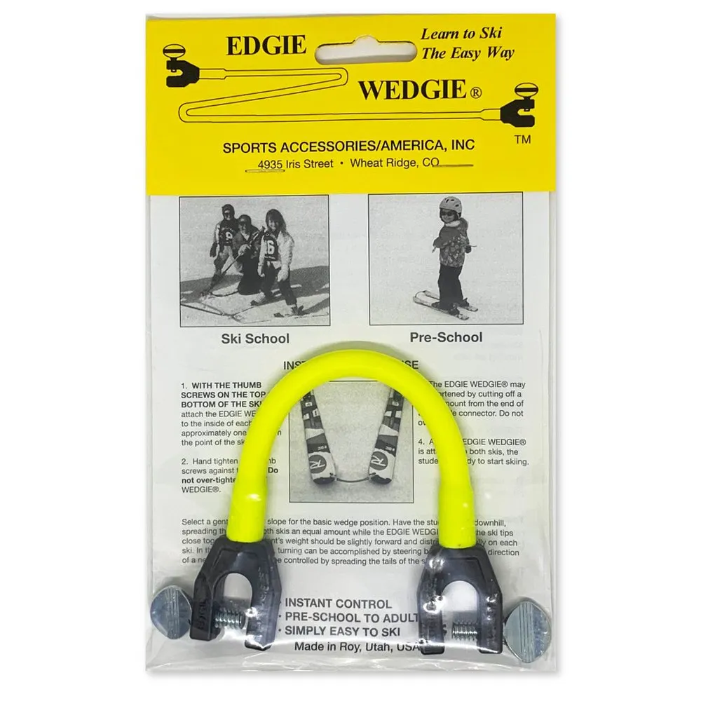 Packaged yellow Edgie Wedgie Original, a ski trainer for children, with instructional pictures for ski school and preschool.