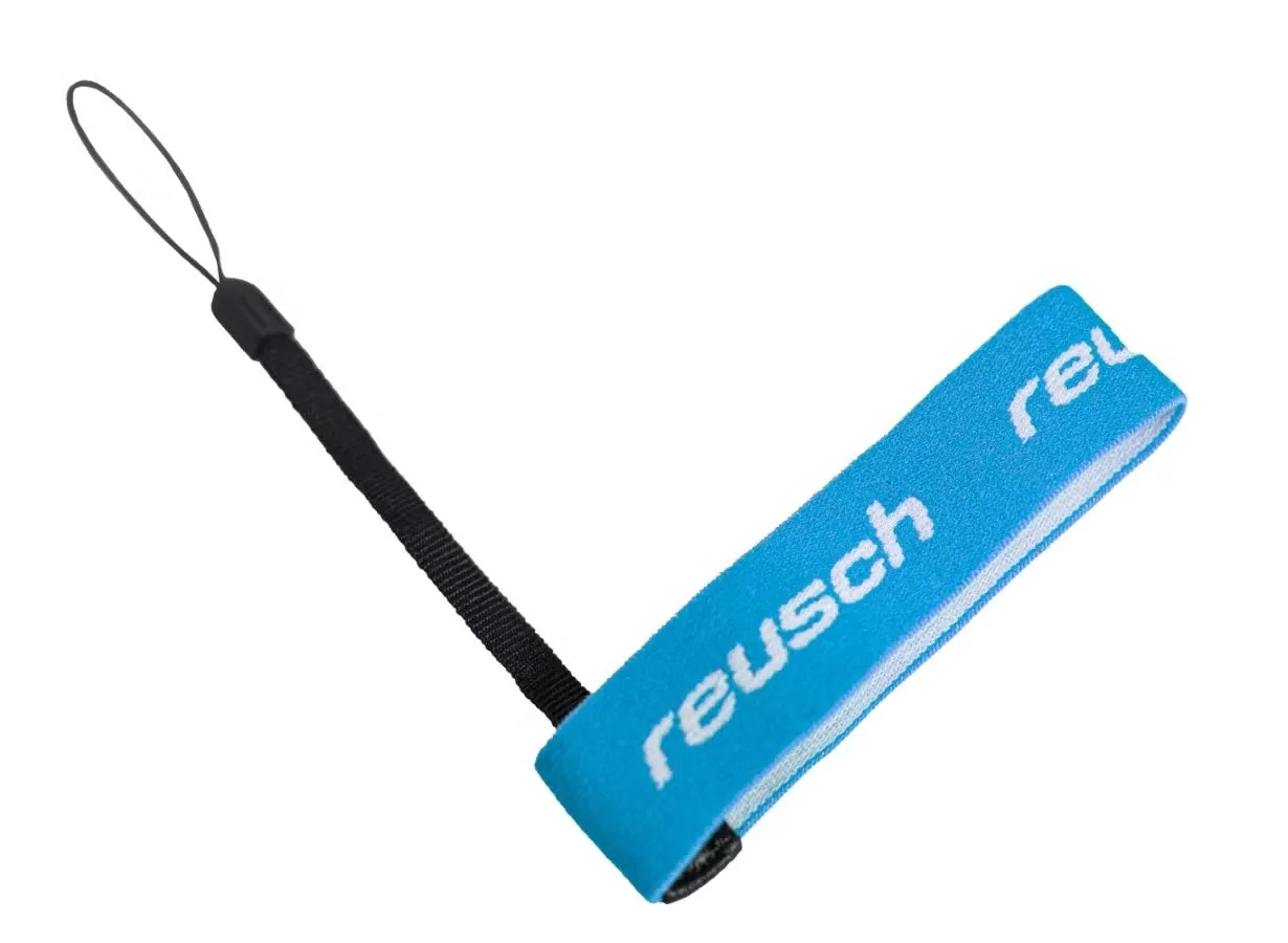 Light blue Reusch glove loop with logo, connected with black cord and loop.