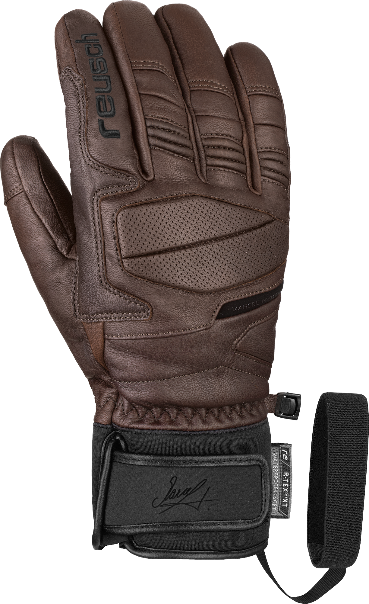 Brauner Reusch Marcel Hirscher Signature Leder Skihandschuh, Handfläche nach oben, mit schwarzem Gummiband.