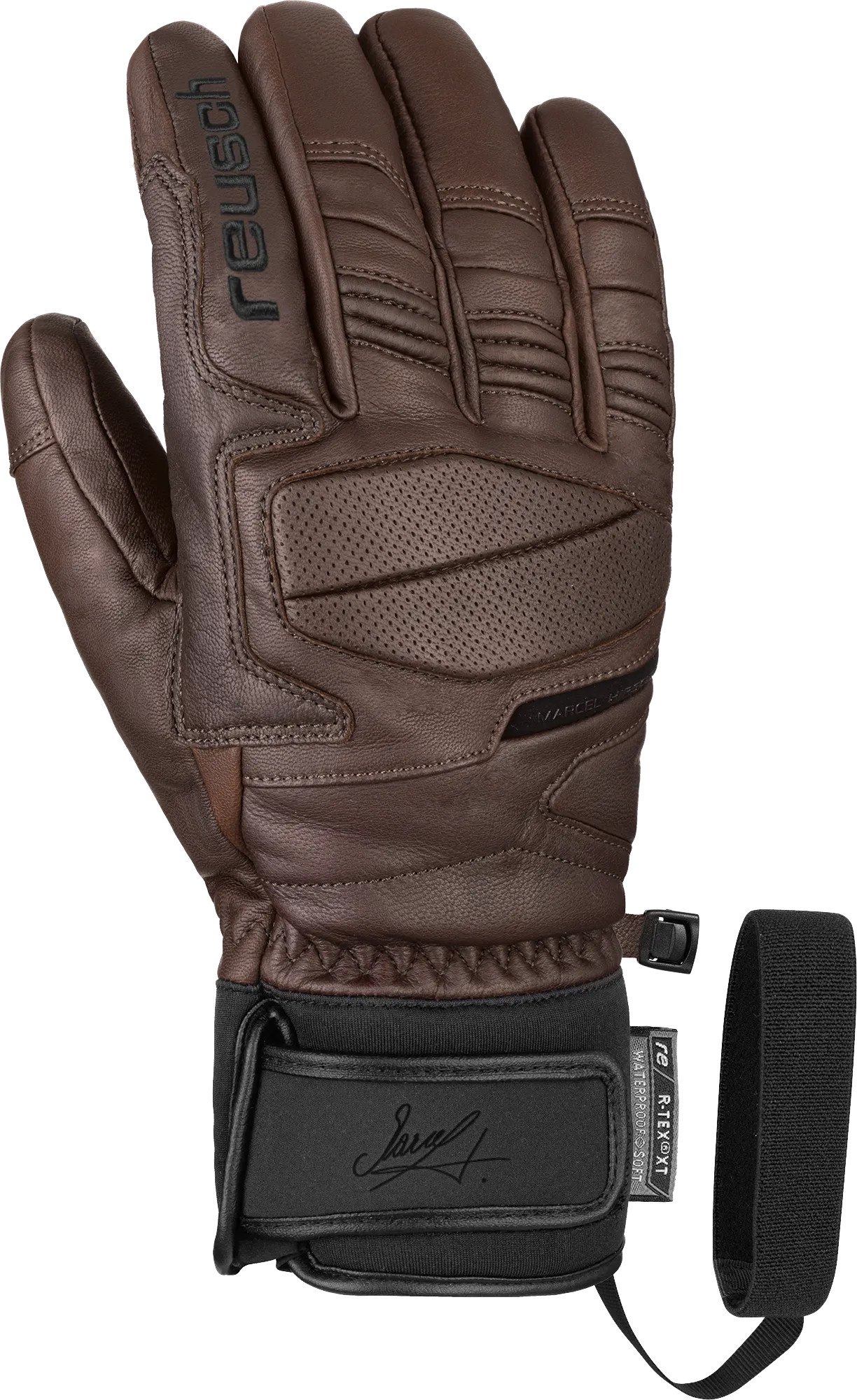 Brauner Reusch Marcel Hirscher Signature Leder Skihandschuh, Handfläche nach oben, mit schwarzem Gummiband.