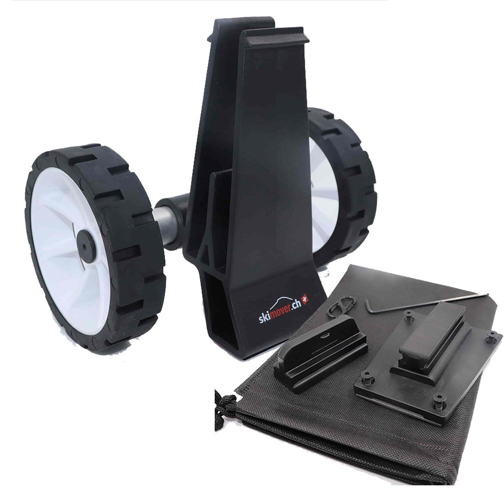 SUPmover Wheels White SUPdual: Black transportation aid with white wheels and accessories on a black fabric bag.