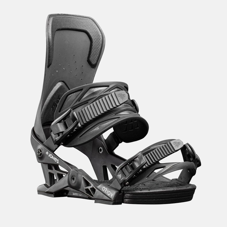 Schwarze Jones Orion Snowboardbindung mit Straps und hohem Back für optimalen Halt.