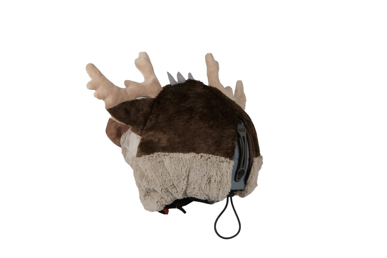 Ein Skihelm mit einem braunen, plüschigen Elch-Überzug. Die Ohren und das Geweih sind aus beigem Plüsch. Ein schwarzer Kordelzug ist zu sehen.