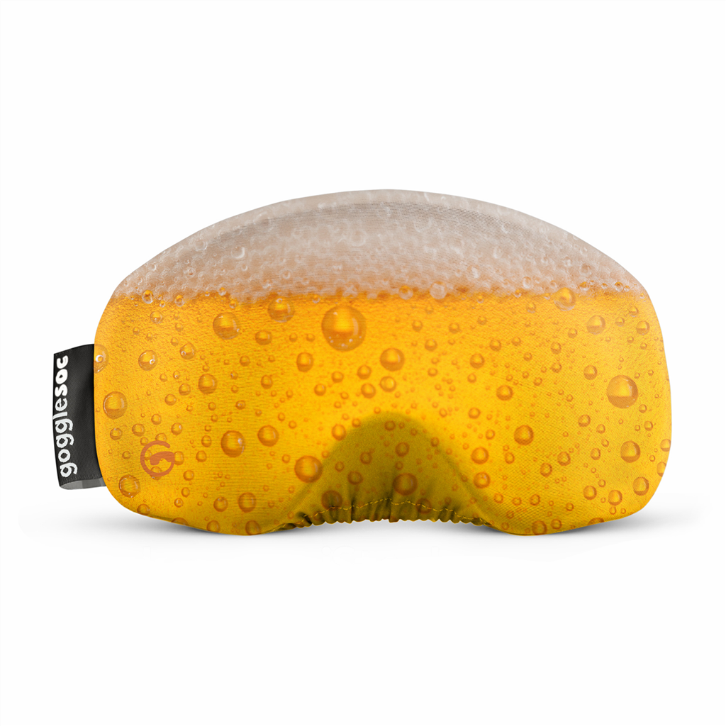 Brillen-Schutzhülle in Bierglas-Optik, mit Schaumkrone und Wassertropfen, Etikett links.