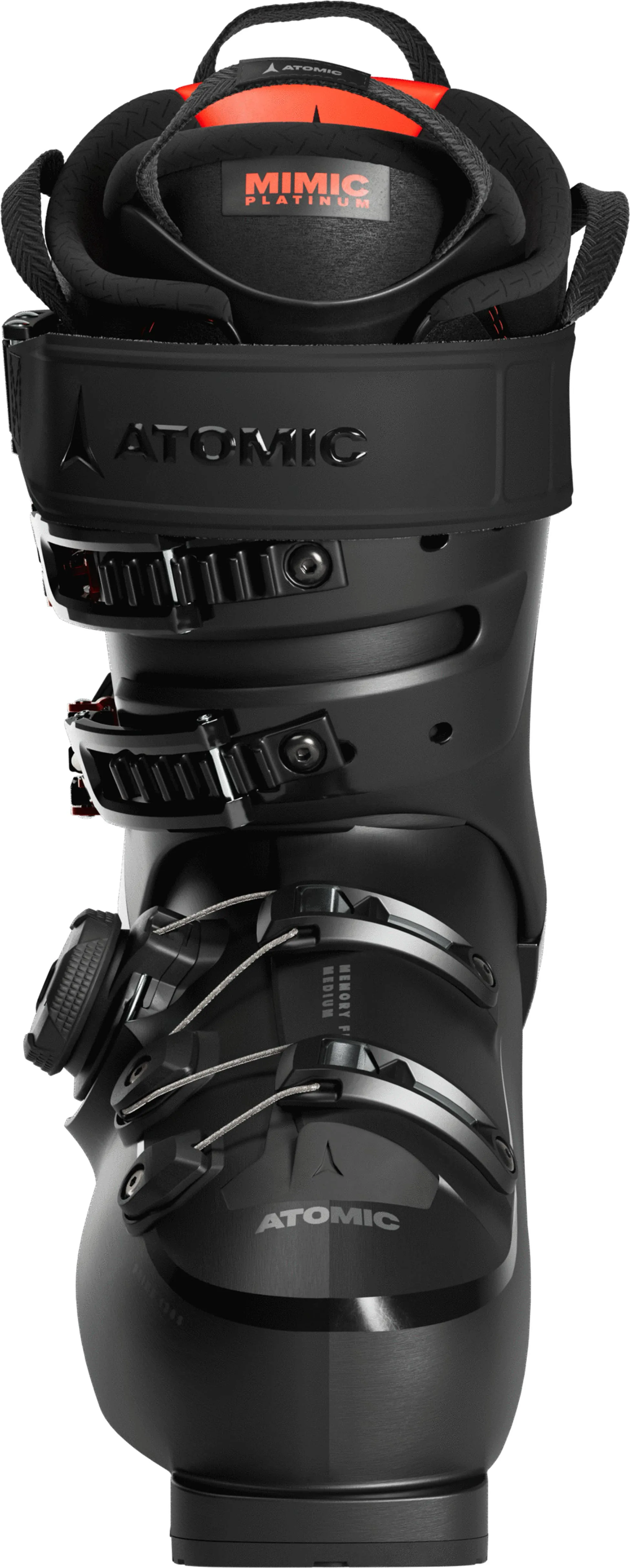 Detailed view of a black ski boot from the brand Atomic with red accents and silver buckles.