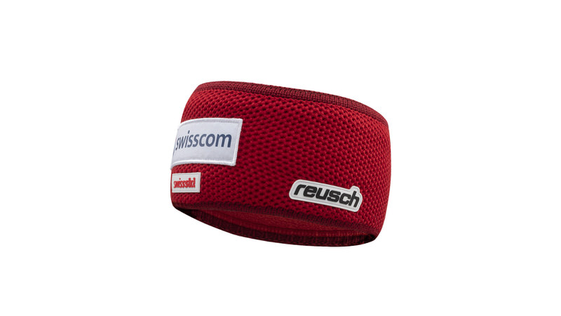 Rotes Reusch Swiss-Ski Team Headband mit Logos von Swisscom, Swiss-Ski und Reusch.