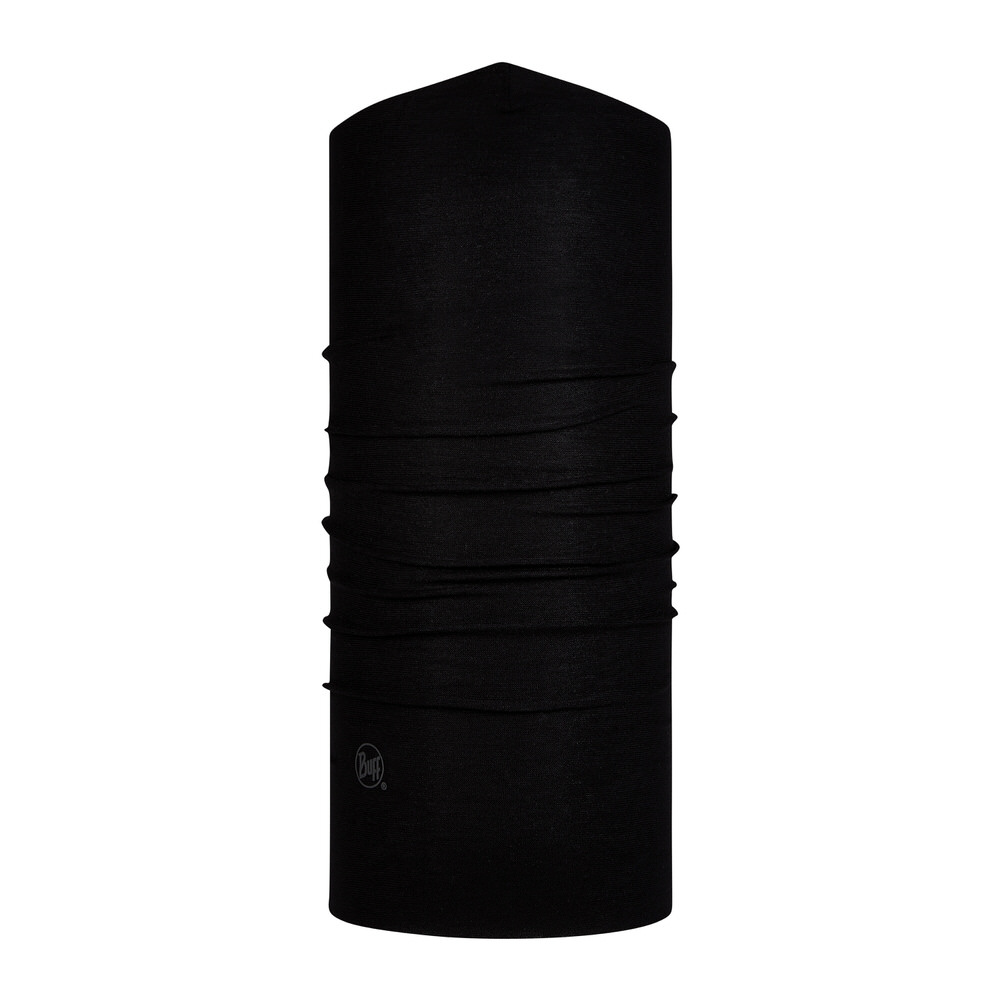 Schwarzer Buff Filter Tube, Schlauchschal aus recycelter Mikrofaser, aufrecht stehend.