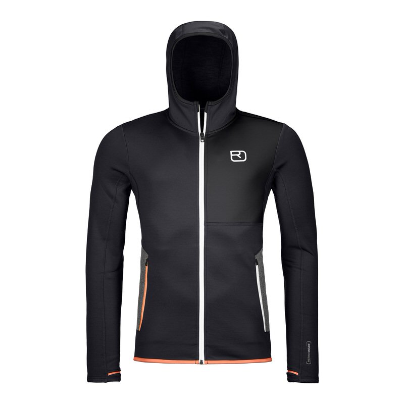 Schwarzer Ortovox Fleece Hoody mit Kapuze, durchgehendem Reißverschluss und seitlichen Taschen. Das Logo ist links auf der Brust.