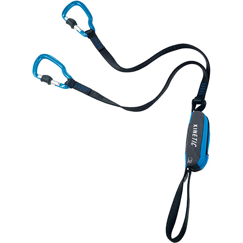 Klettersteigset CAMP Kinetic mit zwei blauen Karabinern an schwarzen Bändern und einem Bandfalldämpfer.