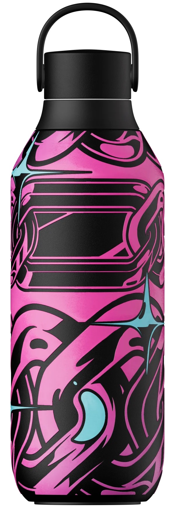 Bottiglia Chilly's Magenta Madness con coperchio nero e motivo astratto rosa e nero.