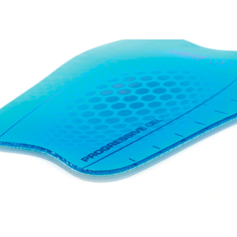 Blaues Gel Pad Blaues Shin Gel Pad mit Wabenmuster und Aufschrift "PROGRESSIVE GEL" auf einem weißen Hintergrund.
