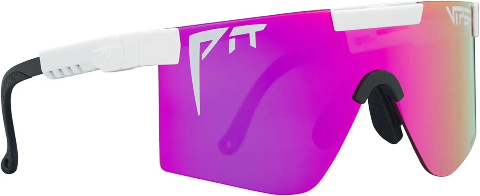 Pink-purple polarized Pit Viper sunglasses with white temples and black earpiece.