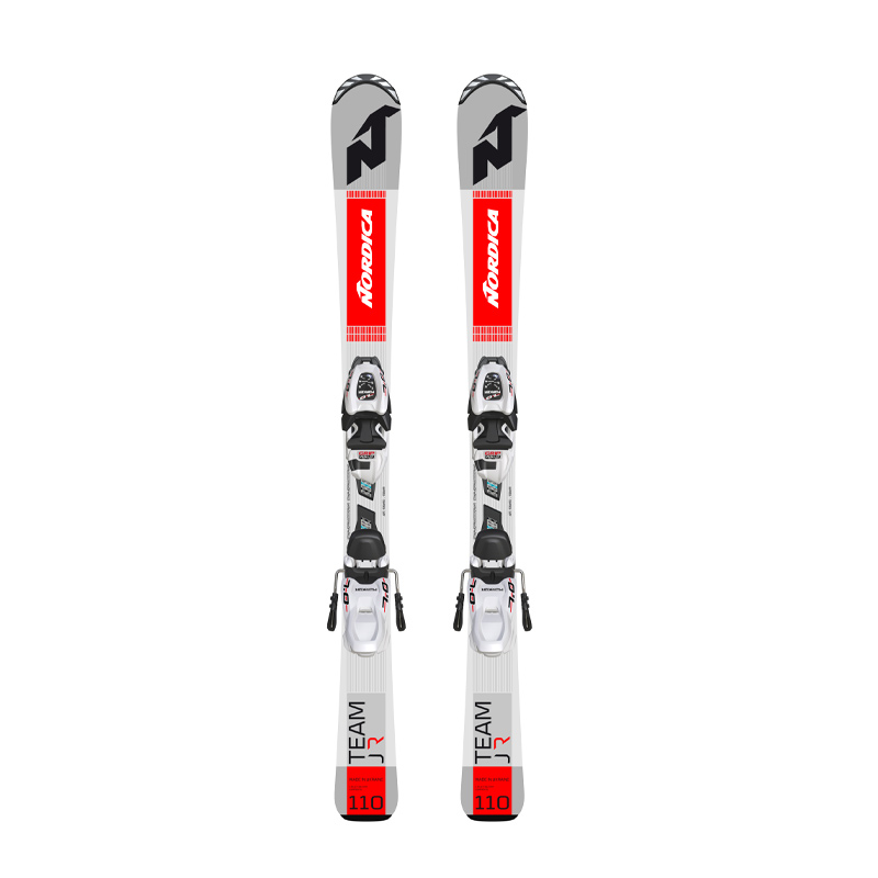 White Nordica Team JR Skis White Nordica Team JR RTL skis with mounted bindings, front view.