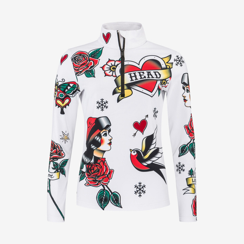 Midlayer coloré à tatouage Midlayer Rebels Flash blanc pour femmes avec des graphismes de tatouages colorés et une demi-fermeture éclair.