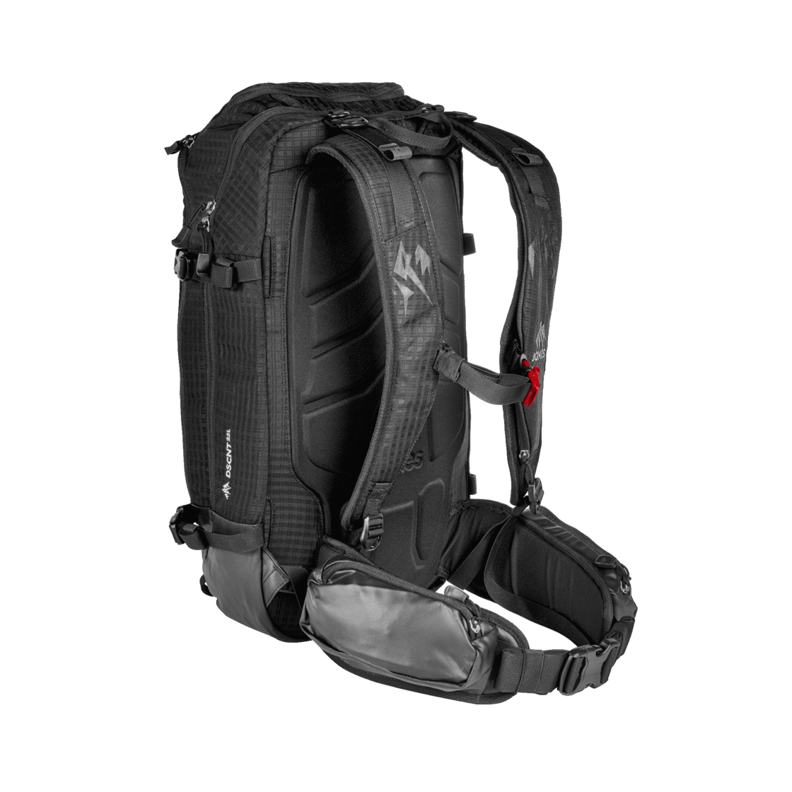 Schwarzer Jones DSCNT 25L Rucksack, von hinten mit Schultergurten und Hüftgurt. Thermogeformte Rückenpartie ist sichtbar.