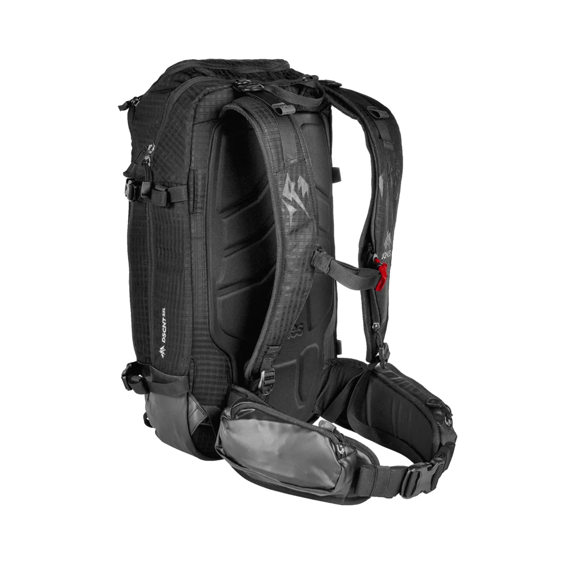 Schwarzer Jones DSCNT 25L Rucksack, von hinten mit Schultergurten und Hüftgurt. Thermogeformte Rückenpartie ist sichtbar.