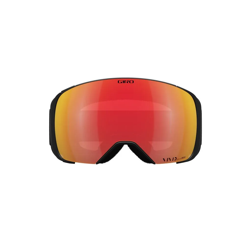 Vista frontale della maschera Giro Comp Vivid in bianco e nero con lente Vivid Ember Zeiss rossa.