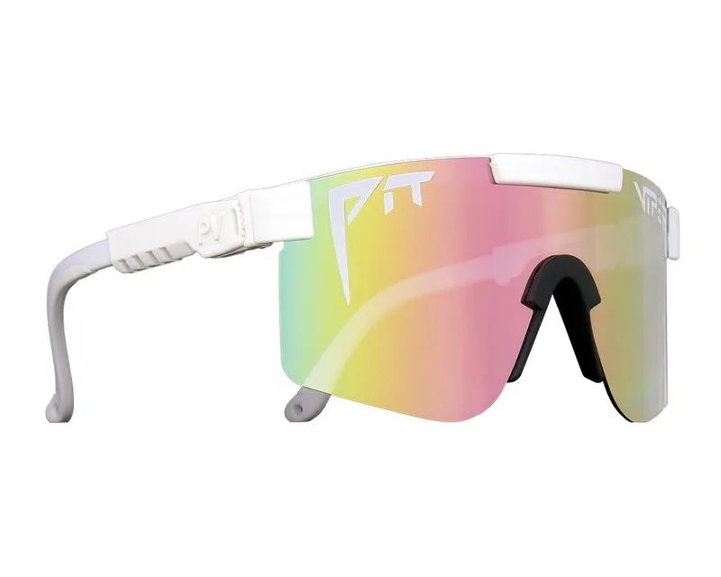Occhiali da sole Pit Viper "Miami Nights Originals" bianchi con lenti a specchio colorate.