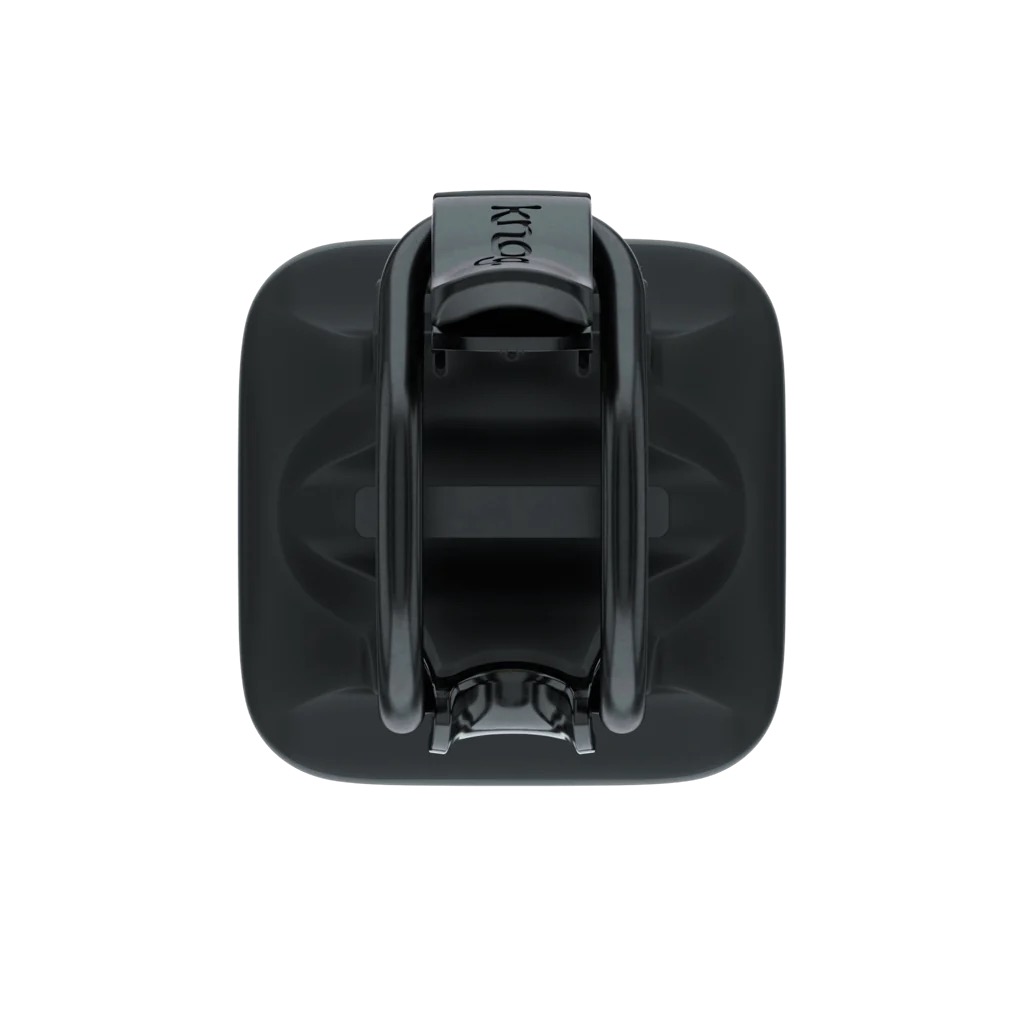 Vue de dessus : lampe de vélo noire Knog Blinder, fixation avec logo.