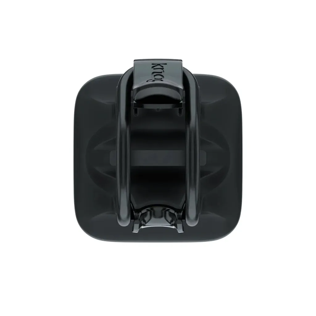 Top view: Black Knog Blinder bicycle light, attachment with logo.