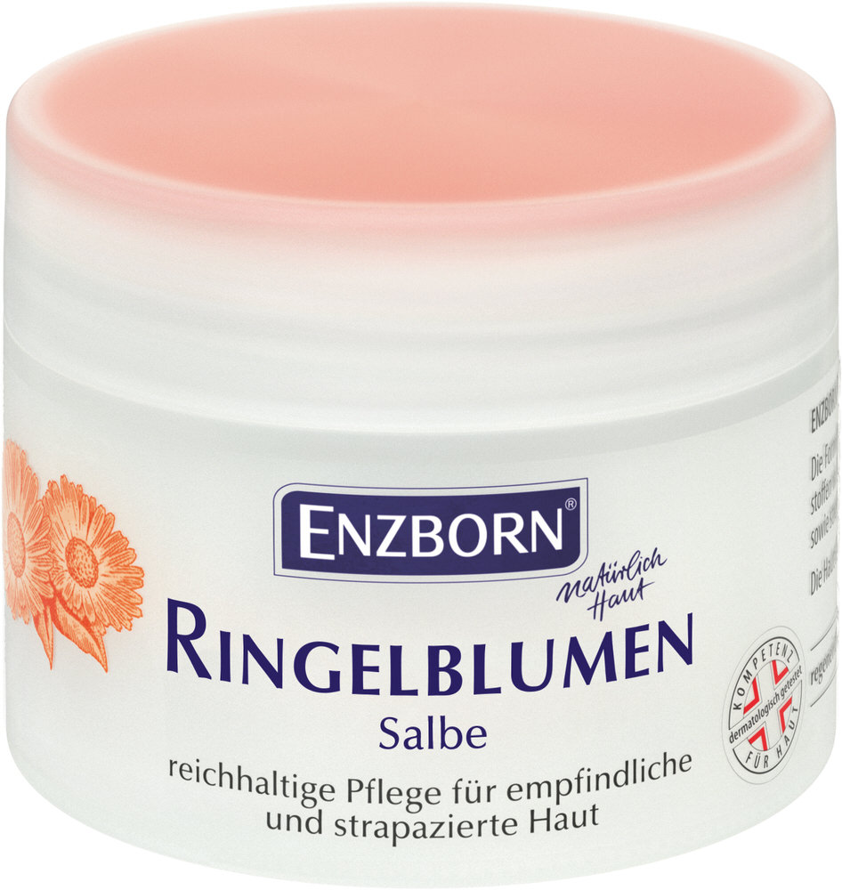 Ringelblumensalbe Enzborn Dose Ringelblumensalbe von Enzborn, weiße Dose mit Ringelblumen-Abbildung und pinkfarbenem Deckel.