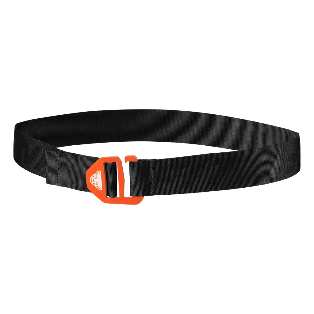 Black textile belt with orange aluminum buckle on a white background.
