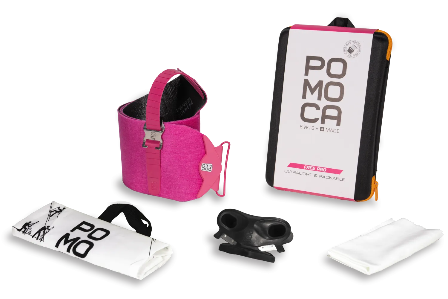 The picture shows various Pomoca ski skin accessories, including pink skin holder, cutting tool and storage bag.