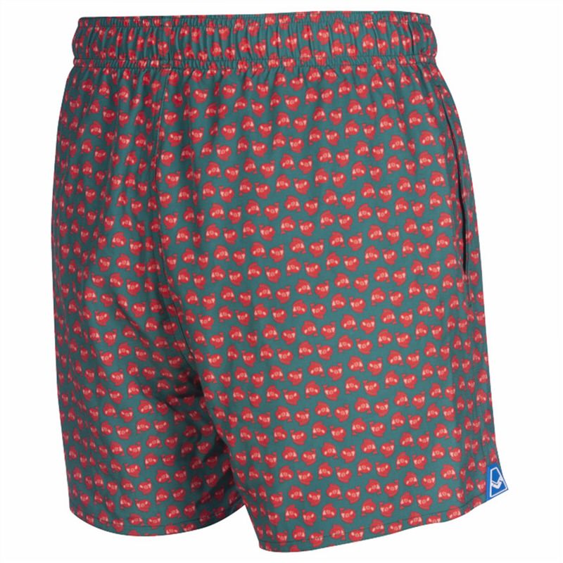 Badehose Jimbaran Short in Wood Green mit rotem Muster, Rückansicht.