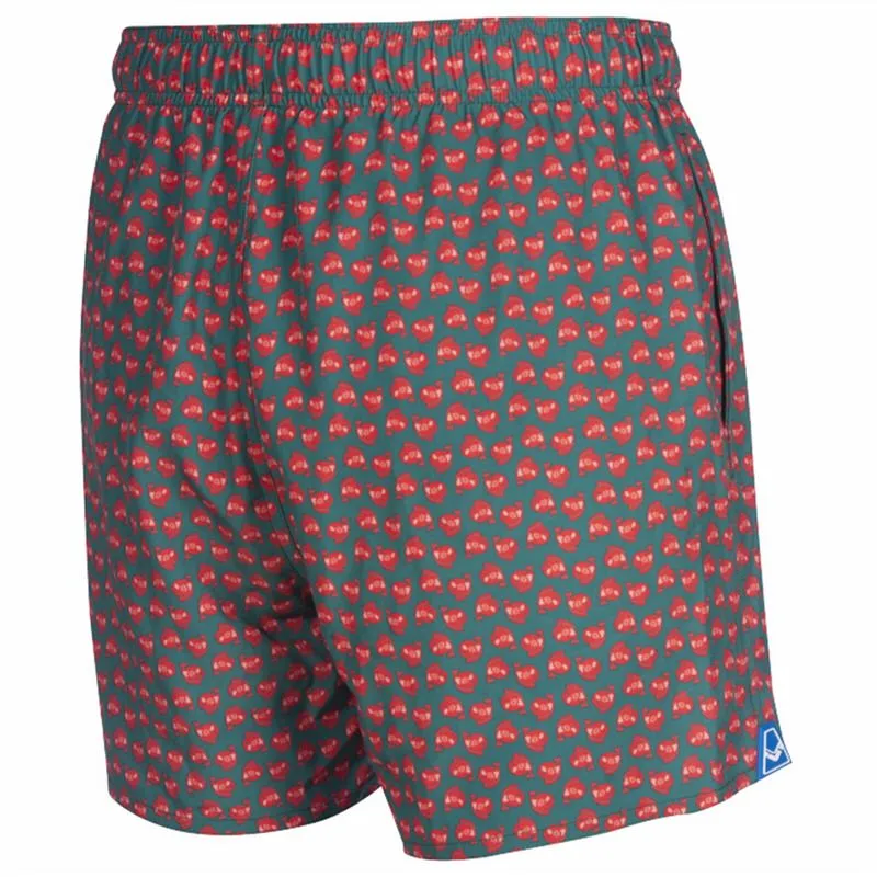 Swimming trunks Jimbaran Short in Wood Green with red pattern, back view.