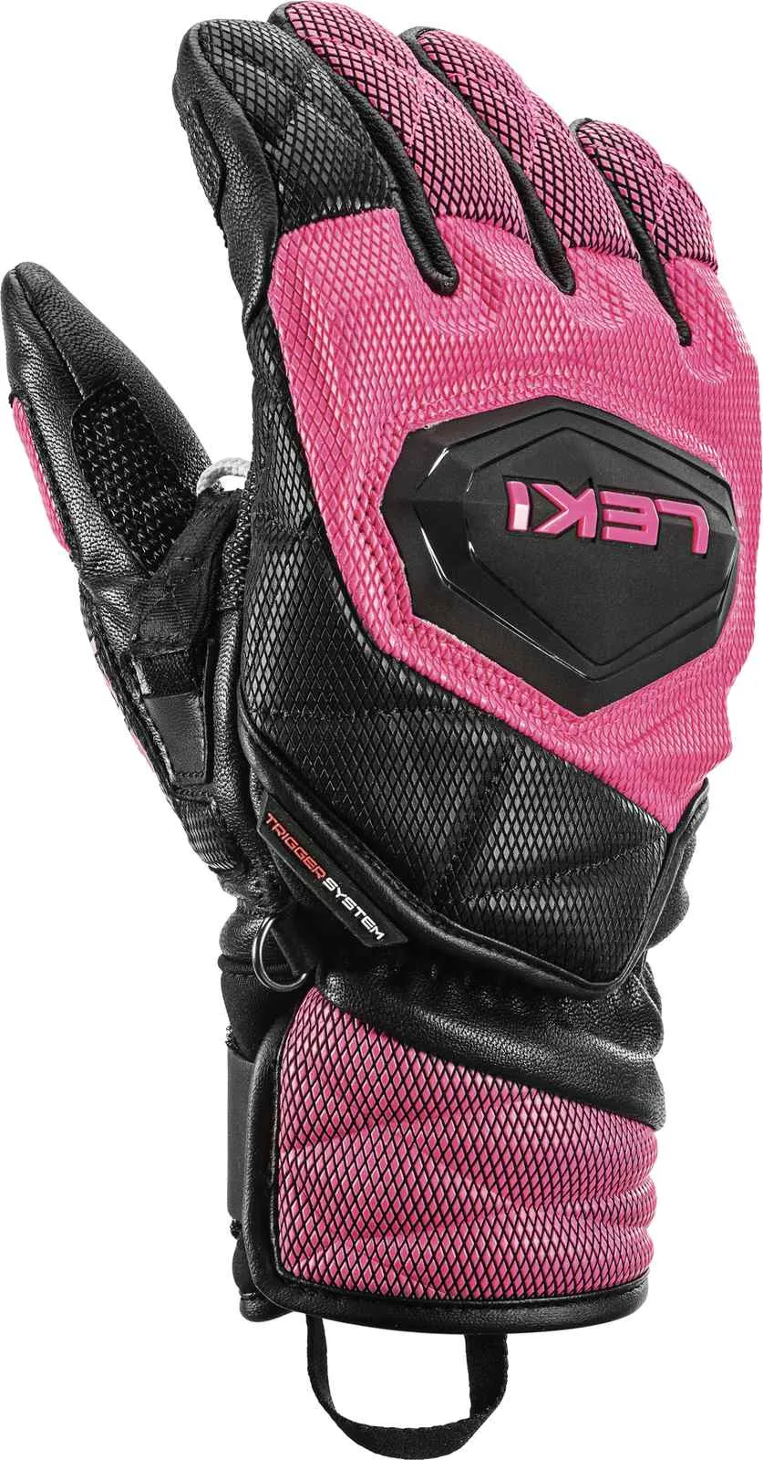 Close-up of a Leki WCR Venom 3D Junior racing glove in black and pink. The palm is facing forward.