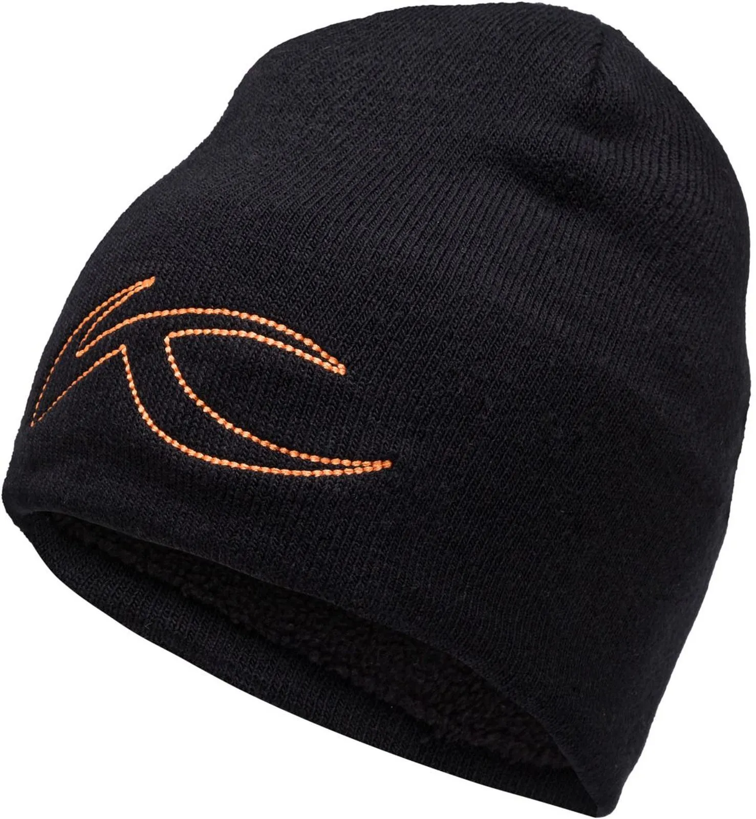 Cappello nero in maglia con logo arancione curvo sul lato.