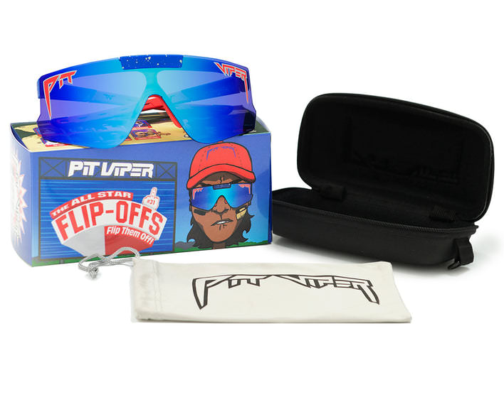 Lunettes de soleil bleues All Star Flip-Offs avec étui et pochette sur un emballage.