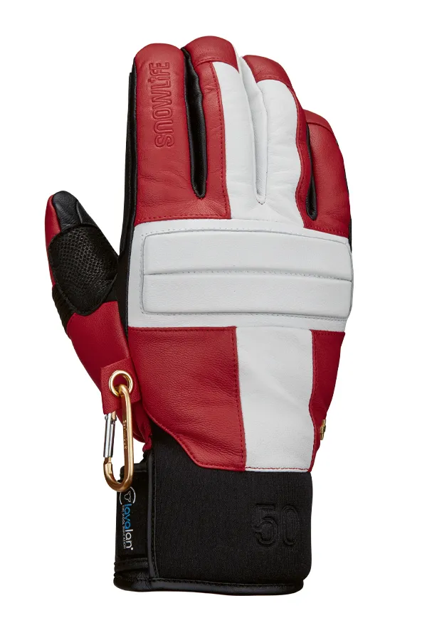 Guanto in pelle rossa, bianca e nera con moschettone e scritta "Snowlife" sull'indice.
