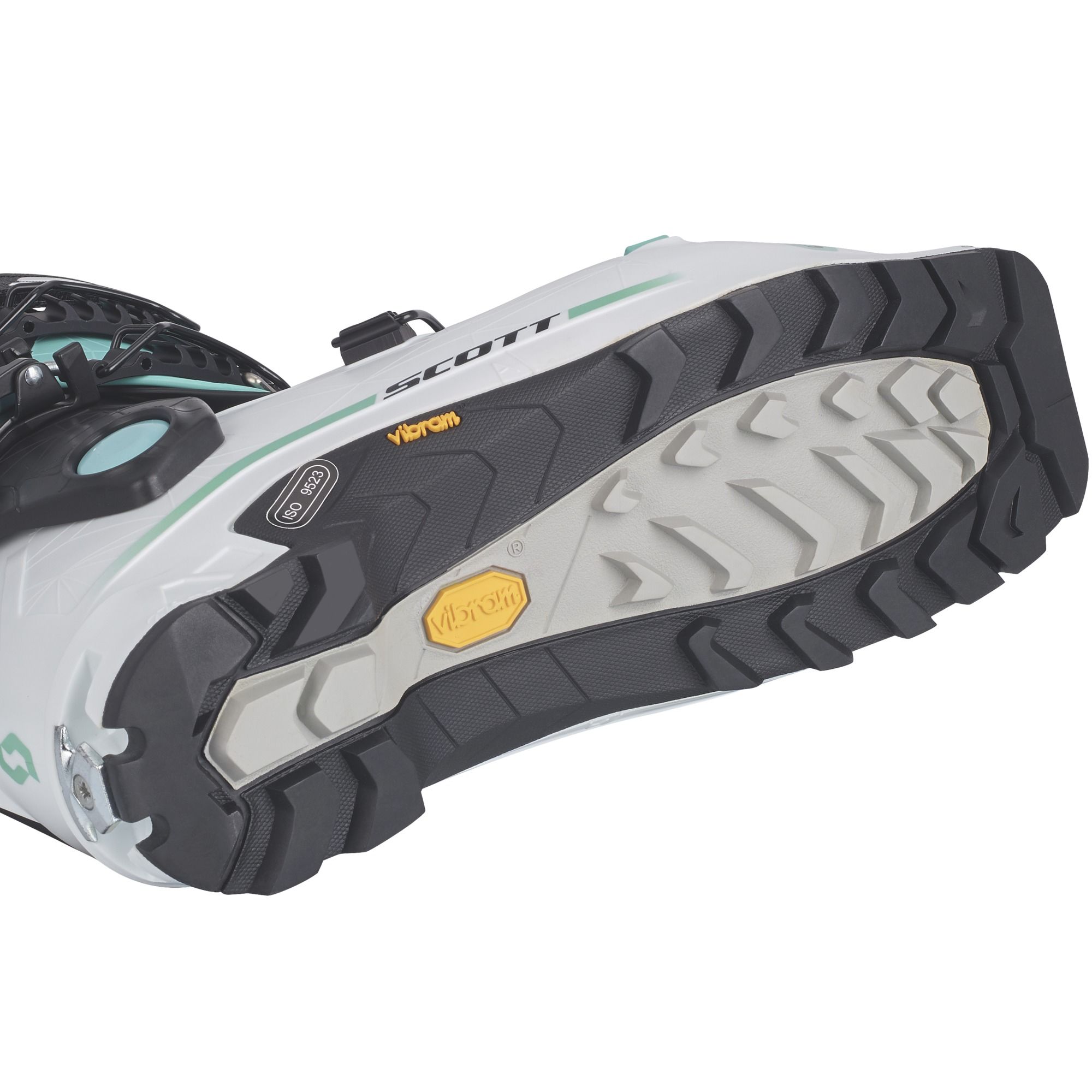Gros plan sur la semelle de la chaussure de ski de randonnée SCOTT Celeste Tour avec semelle Vibram et marquage ISO 9523.
