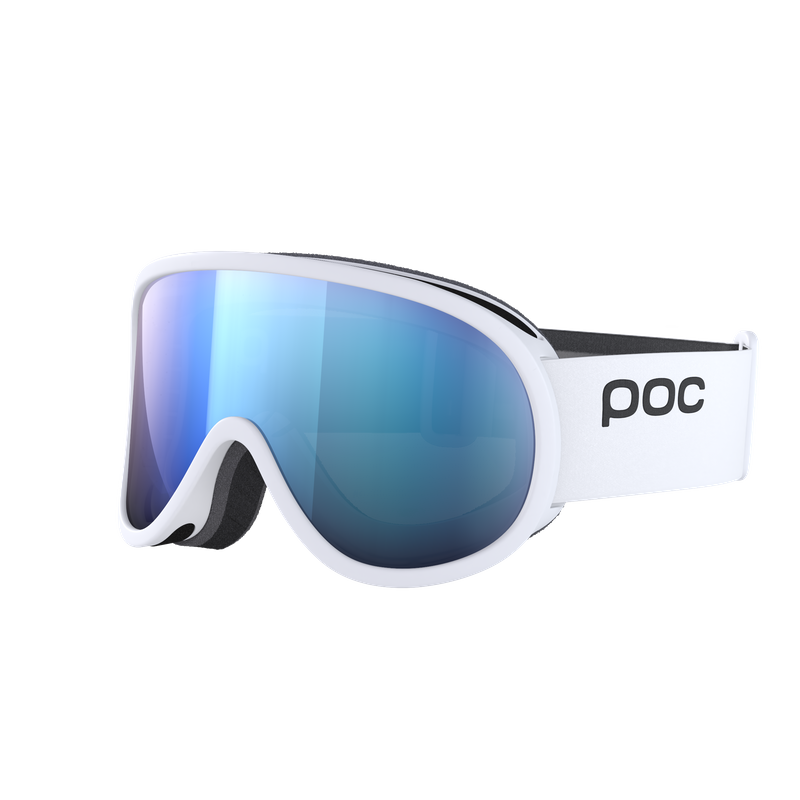 Weiße POC Retina Mid Skibrille mit blauer zylindrischer Linse in Studioaufnahme.