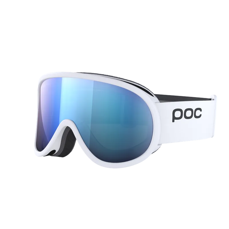 White POC Retina Mid ski goggles with blue cylindrical lens in a studio look.