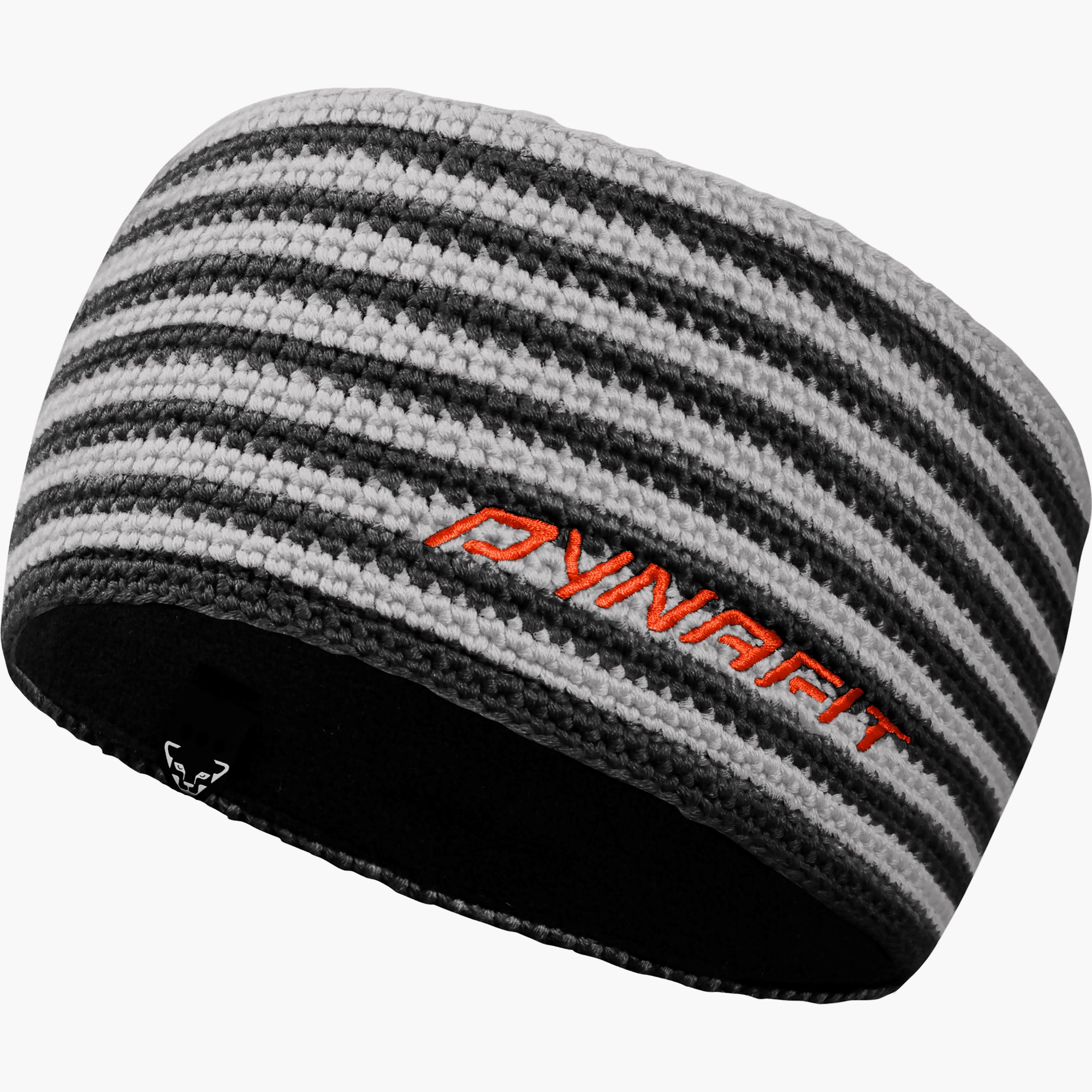 Gestricktes Dynafit Stirnband in Grau- und Anthrazit-Streifen mit orangem Schriftzug und schwarzem Fleecefutter.
