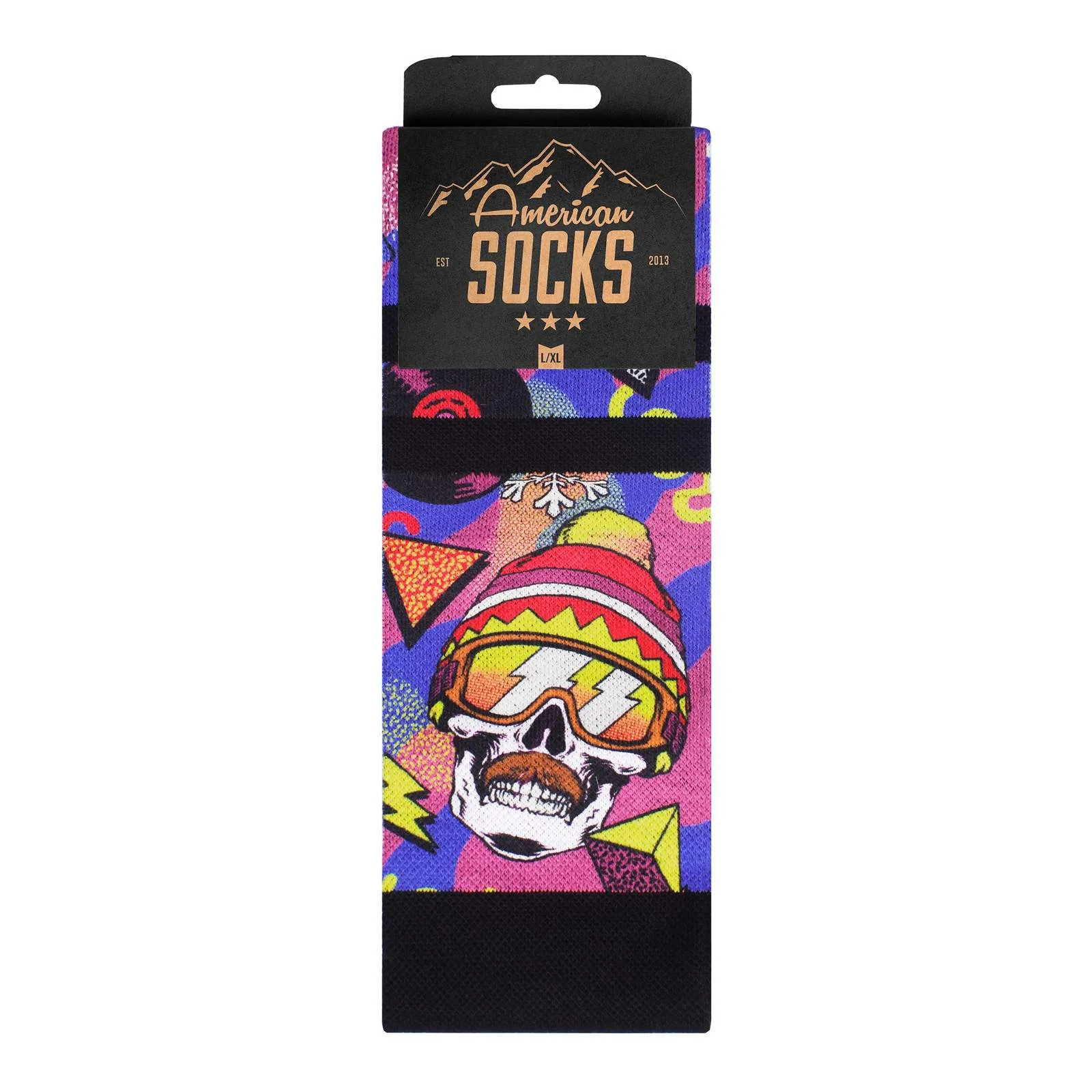 Packaged snow socks with skull motif with cap and goggles in retro design.