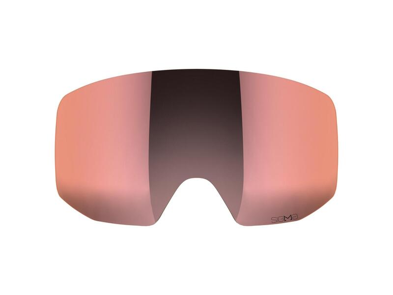 Skibrille mit einer verspiegelten, rosafarbenen Linse und dunklem Zentrum, auf weißem Hintergrund.