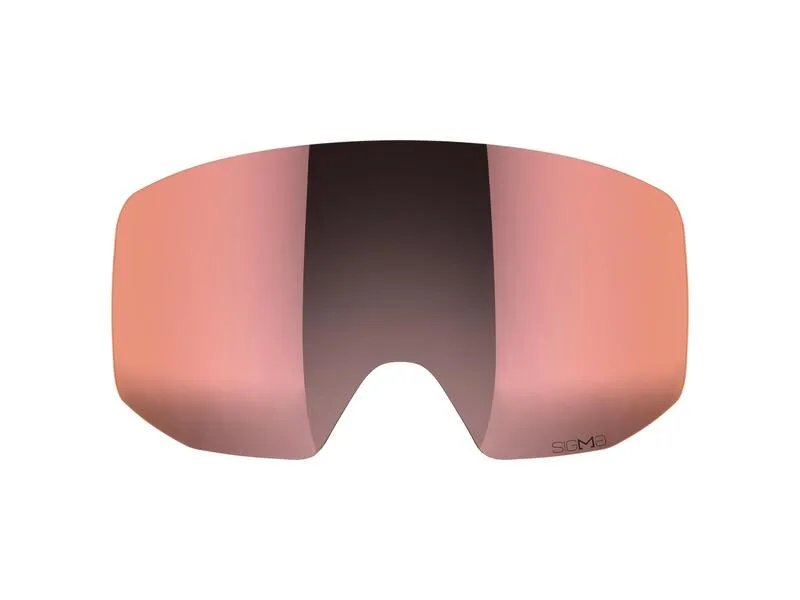 Ski goggles with a mirrored, pink lens and dark center, on a white background.