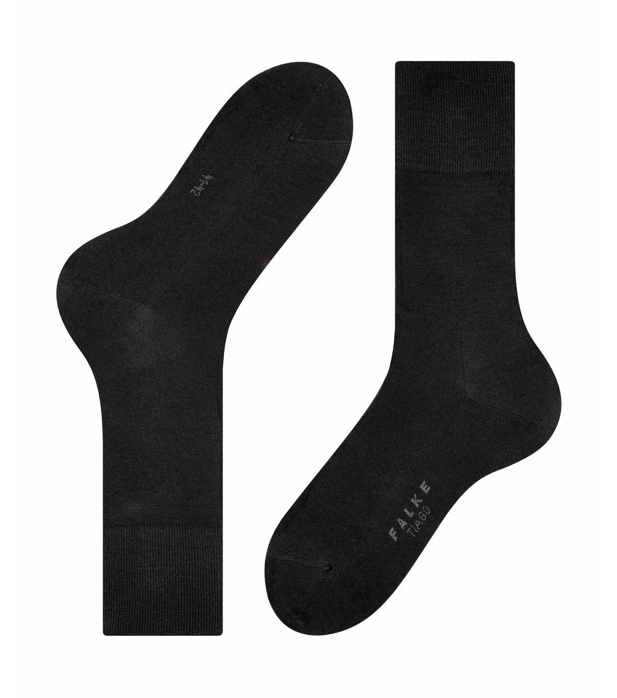 Two black Tiago men's socks from Falke, one horizontal and one vertical.