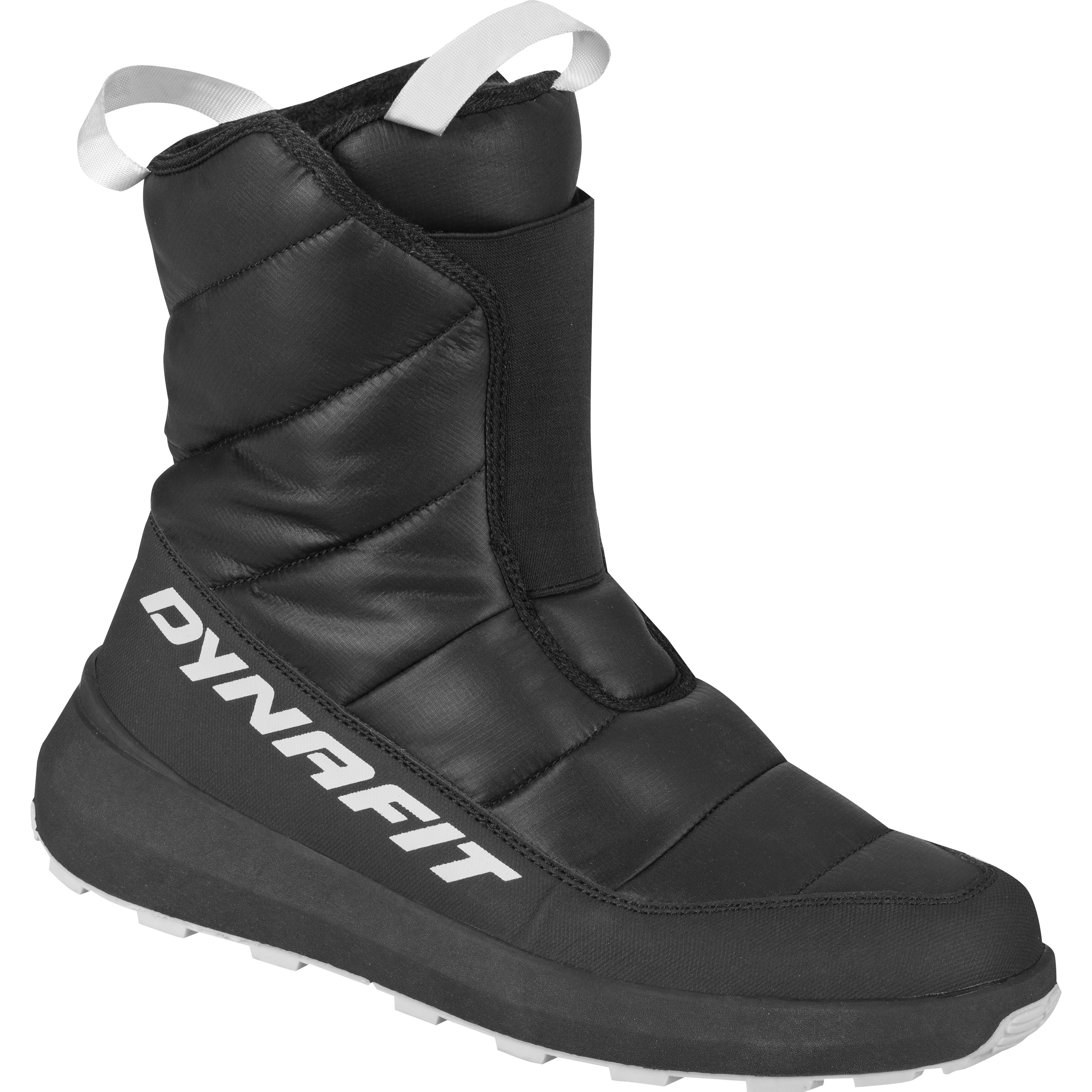 Schwarzer Dynafit Winterschuh mit weißem Logo und Zugschlaufe, gestepptes Obermaterial und profilierte Sohle.